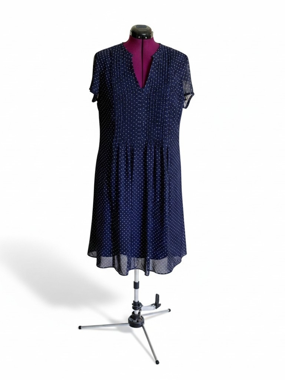 Navy Polka Dot Short Sleeve V-Neck Dress